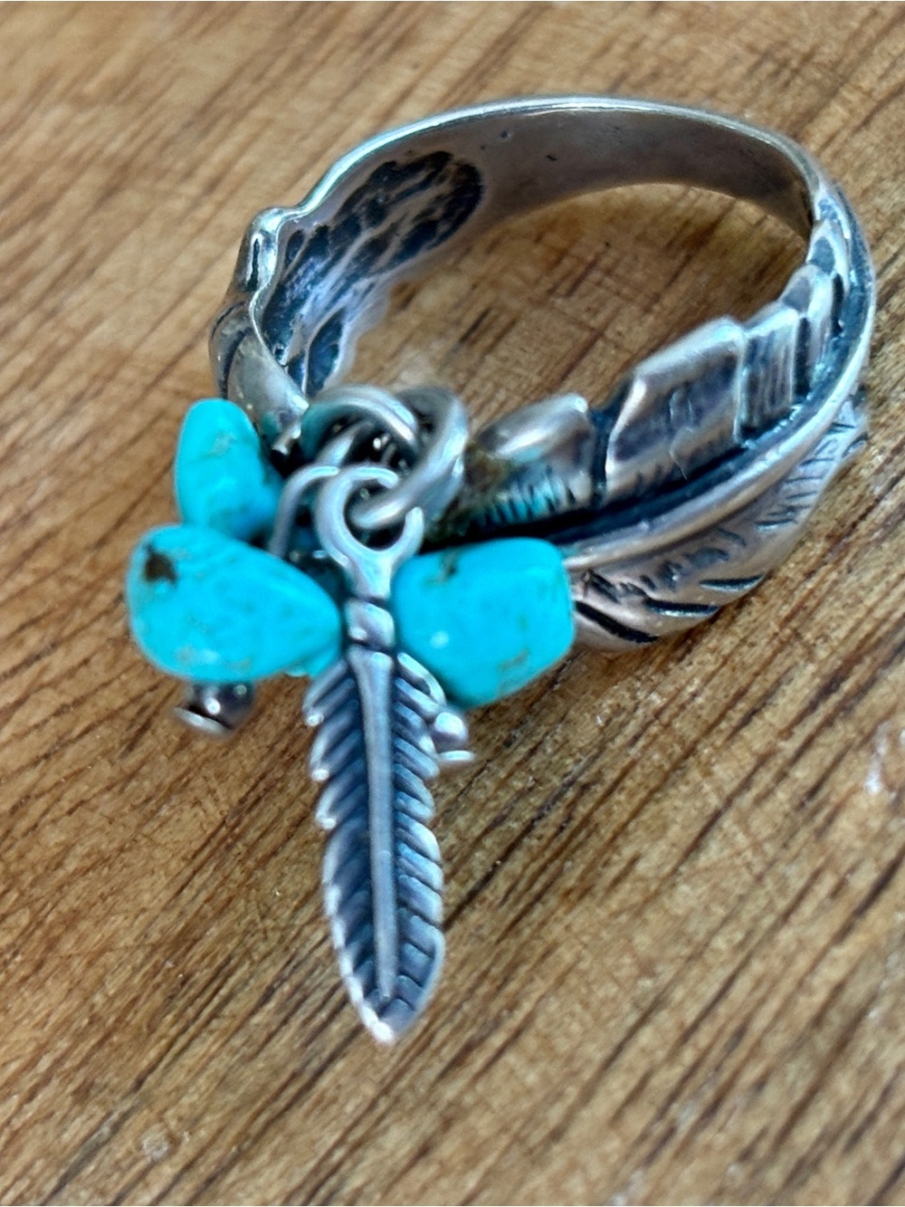 Vintage Turquoise Nuggets Feather Charm Sterling Silver Ring - size 5.5 - Picture 6 of 14